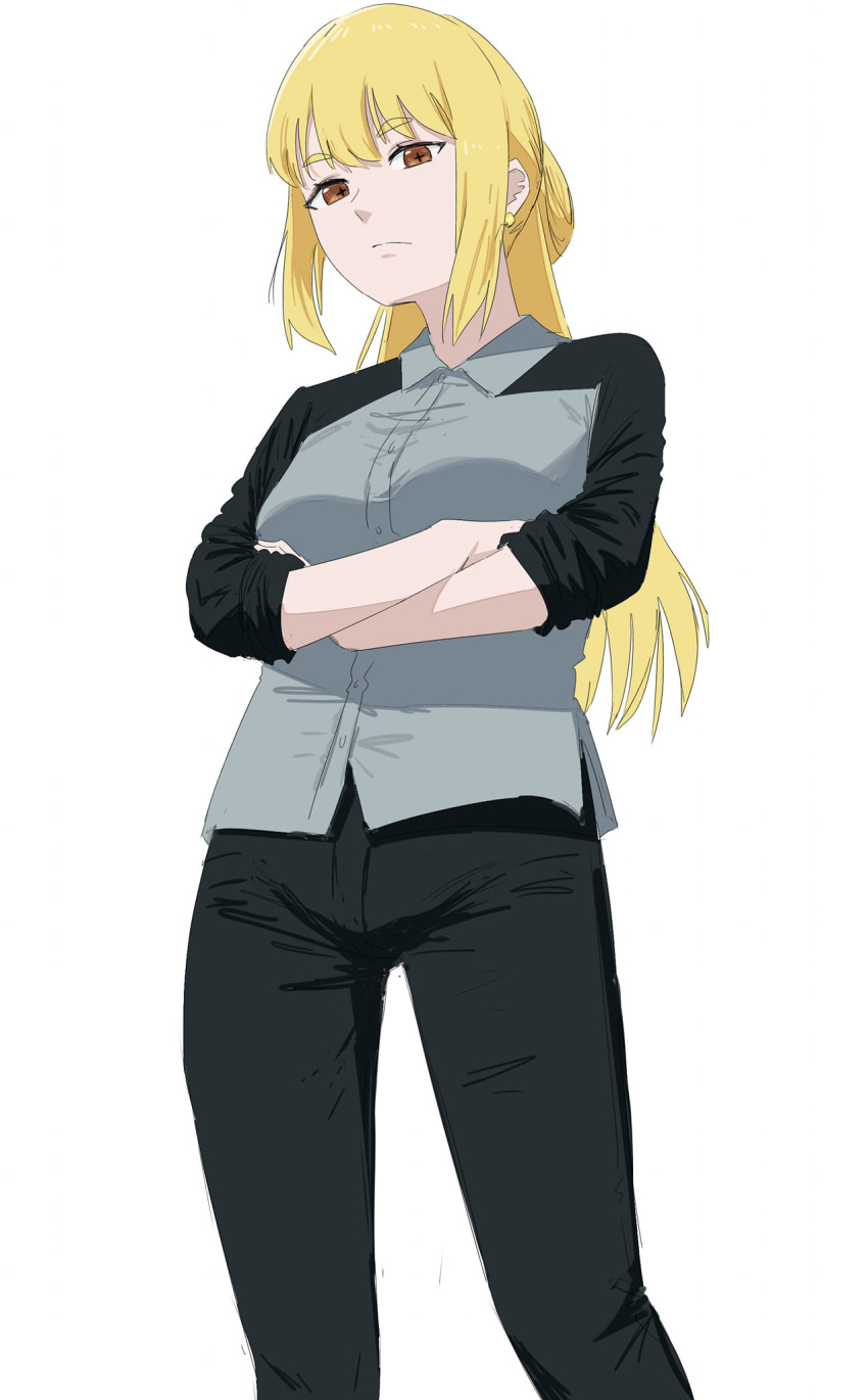 1girl arms_under_breasts black_pants black_sleeves blonde_hair breasts closed_mouth collared_shirt commentary_request cross-shaped_pupils crossed_arms grey_shirt highres indonesian_commentary laras_(roh_anima) long_hair looking_at_viewer medium_breasts orange_eyes original pants roh_anima shirt sidelocks solo standing symbol-shaped_pupils thick_eyebrows upper_body