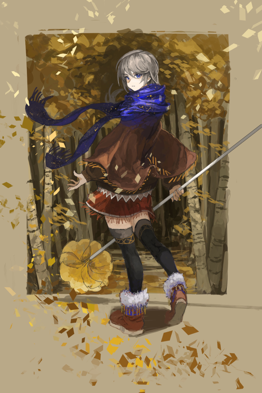 1girl black_thighhighs blue_eyes blue_scarf boots border brown_border brown_shawl brown_sweater falling_leaves floating_clothes floating_hair foreshortening fur-trimmed_boots fur_trim grey_hair hair_between_eyes highres holding kasumi_yuzuha leaf long_hair long_sleeves looking_back original outside_border red_skirt scarf shawl skirt solo standing sweater thighhighs