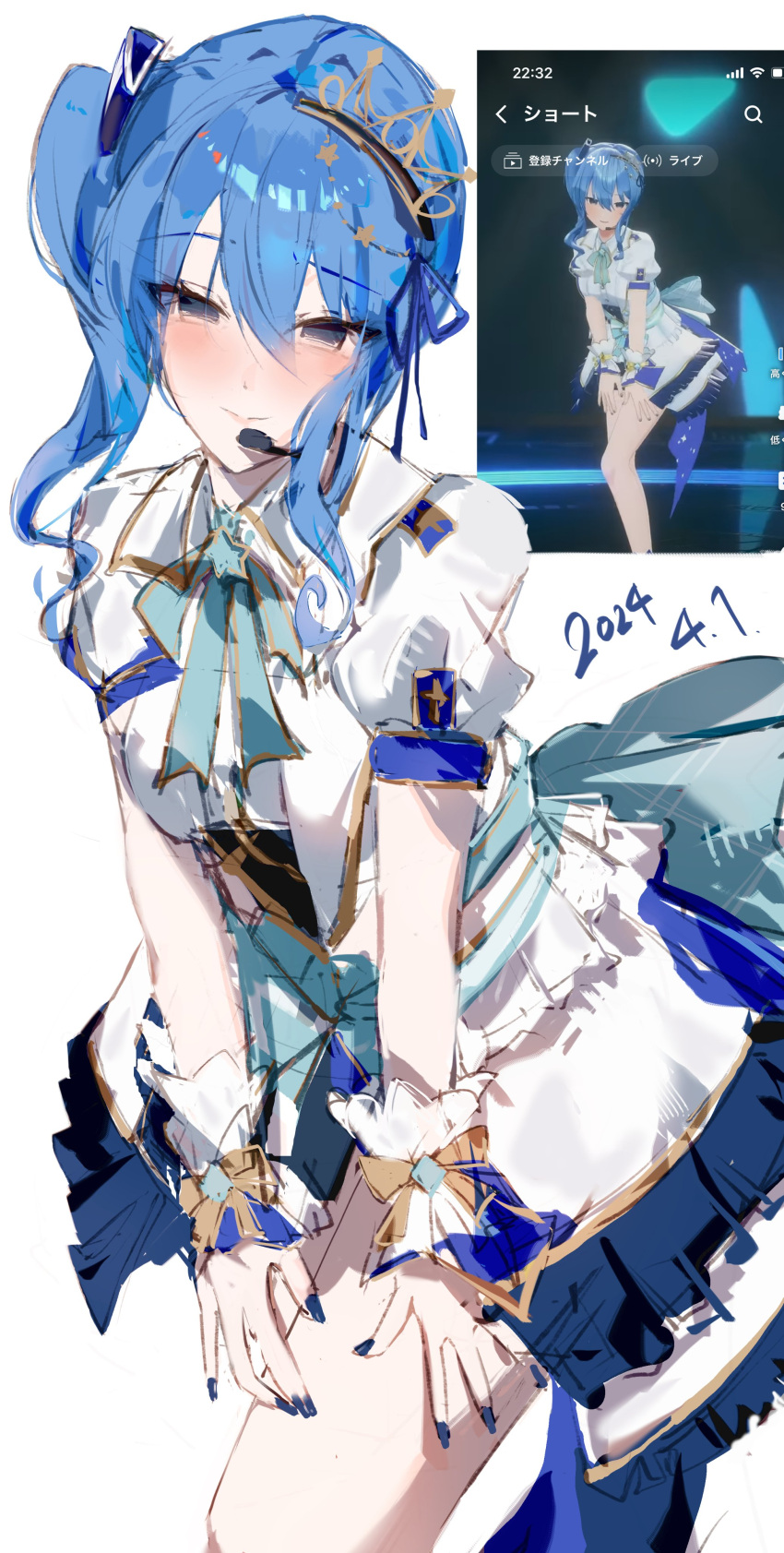absurdres blue_eyes blue_hair blue_nails dress frilled_cuffs headset highres hololive hoshimachi_suisei long_hair looking_at_viewer nail_polish puffy_short_sleeves puffy_sleeves short_sleeves side_ponytail smile virgo76612871 white_dress wrist_cuffs