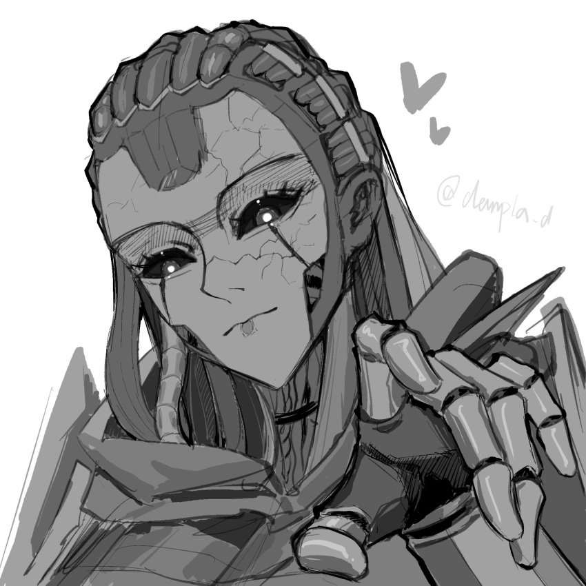 1girl android animification apex_legends ash_(titanfall_2) cable_hair chinese_commentary cracked_skin greyscale heart highres hood hood_down looking_at_viewer mo_yu_youhai_jiankang monochrome portrait simple_background simulacrum_(titanfall) smile solo twitter_username white_background