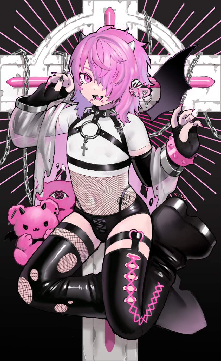 accessory alternative_fashion animal_humanoid bear boots chain clothing collar crop_top cross demon ear_piercing ear_ring facial_piercing fangs fishnet_clothing fishnet_legwear fishnet_topwear footwear garter garter_straps glistening glistening_clothing hair hair_over_eye harness hi_res humanoid j-fashion kirarayakubou legwear lip_piercing male mammal membrane_(anatomy) membranous_wings one_eye_obstructed piercing pink_theme plushie ring_piercing shirt smile snakebite_piercing solo spiked_collar spikes tattoo teeth thigh_highs thong_straps topwear translucent translucent_clothing wings