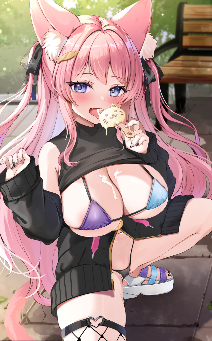 1girl animal_ear_fluff animal_ears bikini blurry blurry_background blush breasts cat_ears cat_tail clothes_lift detached_sleeves fish_hair_ornament food hair_ornament highres holding holding_food holding_popsicle katsushika_pachi large_breasts long_hair looking_at_viewer melting micro_bikini multicolored_bikini multicolored_clothes open_mouth original outdoors pink_hair popsicle purple_eyes solo squatting sweater sweater_lift swimsuit tail tongue