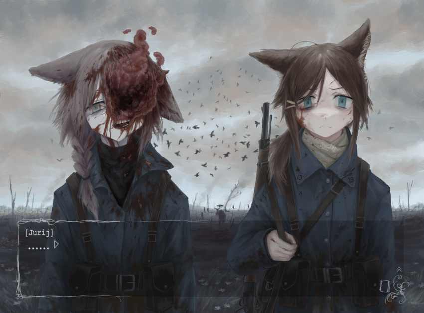 ... 2girls ammunition_pouch animal_ears arm_at_side arms_at_sides bare_tree battle_rifle belt bird blood blood_on_clothes blood_on_face blood_splatter blue_coat blue_eyes braid brown_hair buttons cat_ears cat_girl closed_mouth coat collared_coat crow dialogue_box diu9you ears_down empty_eyes field frown furrowed_brow grass grey_hair gun gun_sling gunshot_wound guro hair_over_shoulder hand_up head_tilt headshot highres holding holding_strap injury jacket load_bearing_equipment long_hair looking_at_viewer m14 military military_jacket military_uniform multiple_girls original outdoors overcast parted_bangs ponytail pouch rifle sidelocks single_braid sky smoke soldier straight-on teeth tree uniform war weapon weapon_on_back