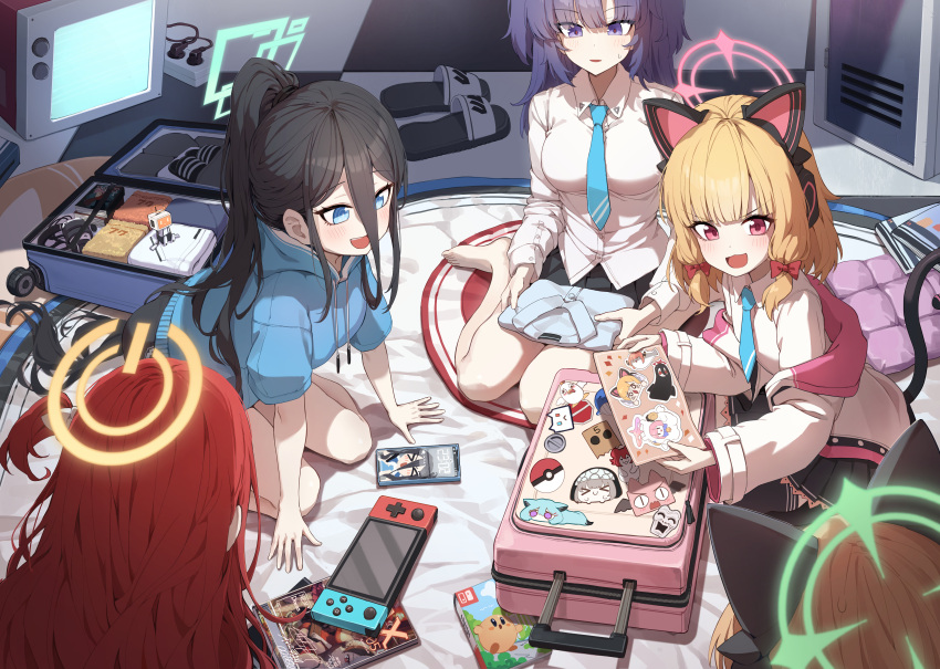 &lt;key&gt;_(robot)_(blue_archive) 5girls absurdly_long_hair absurdres animal_ear_headphones animal_ears aris_(blue_archive) aru_(blue_archive) aru_(dress)_(blue_archive) black_hair black_skirt blonde_hair blue_archive blue_eyes blue_halo blue_hoodie blue_necktie blush bow breasts cat_tail cellphone checkered_floor collared_shirt death_momoi_(meme) electric_plug electrical_outlet fake_animal_ears green_halo hair_bow halo hasumi_(blue_archive) headphones highres hood hoodie indoors jacket kayoko_(blue_archive) kayoko_(dress)_(blue_archive) kirby kirby_(series) koharu_(blue_archive) kokukyukeo large_breasts long_hair long_sleeves maki_(blue_archive) meme midori_(blue_archive) mika_(blue_archive) momoi_(blue_archive) multiple_girls mutsuki_(blue_archive) mutsuki_(dress)_(blue_archive) nazomaki_(blue_archive) necktie nintendo_switch open_mouth peroro_(blue_archive) phone pink_halo pleated_skirt poke_ball ponytail purple_eyes purple_hair red_bow red_eyes red_hair sakurako_(blue_archive) shigure_(blue_archive) shirt short_hair short_sleeves siblings sisters skirt slippers small_breasts smartphone smile suitcase tail twins two_side_up very_long_hair white_jacket white_shirt yellow_halo yuuka_(blue_archive) yuzu_(blue_archive)