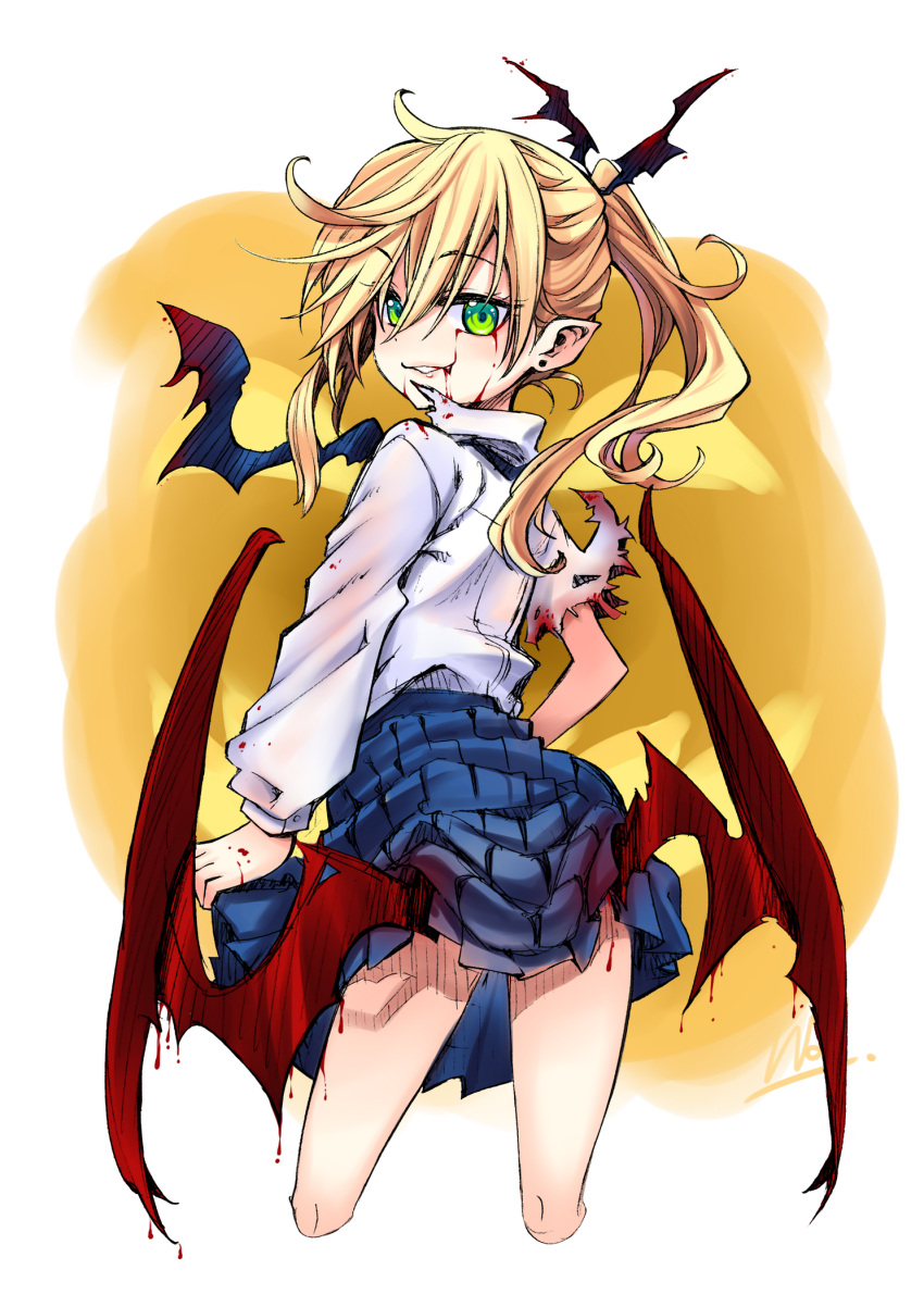 1girl b_landforce bat_(animal) blonde_hair blood blood_from_eyes blood_on_clothes blood_on_face blue_skirt dripping_blood earrings gradient_background green_eyes halloween hemokinesis highres jack-o'-lantern jewelry long_hair looking_at_viewer looking_back low_wings original parted_lips pointy_ears school_uniform shirt skirt smug stud_earrings torn_clothes torn_sleeve vampire white_background white_shirt wings yellow_background