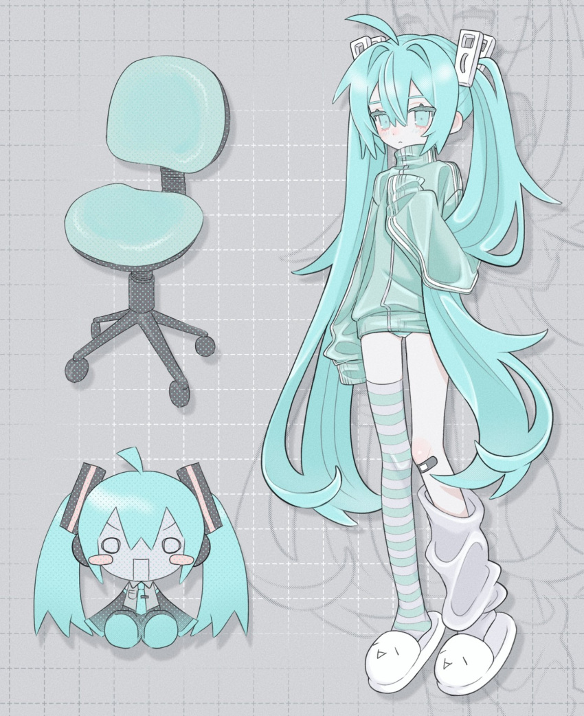 1girl am314 aqua_eyes aqua_hair bandaid chair hatsune_miku highres long_hair loungewear office_chair simple_background slippers solo striped_clothes striped_thighhighs stuffed_toy swivel_chair thighhighs track_suit twintails very_long_hair vocaloid