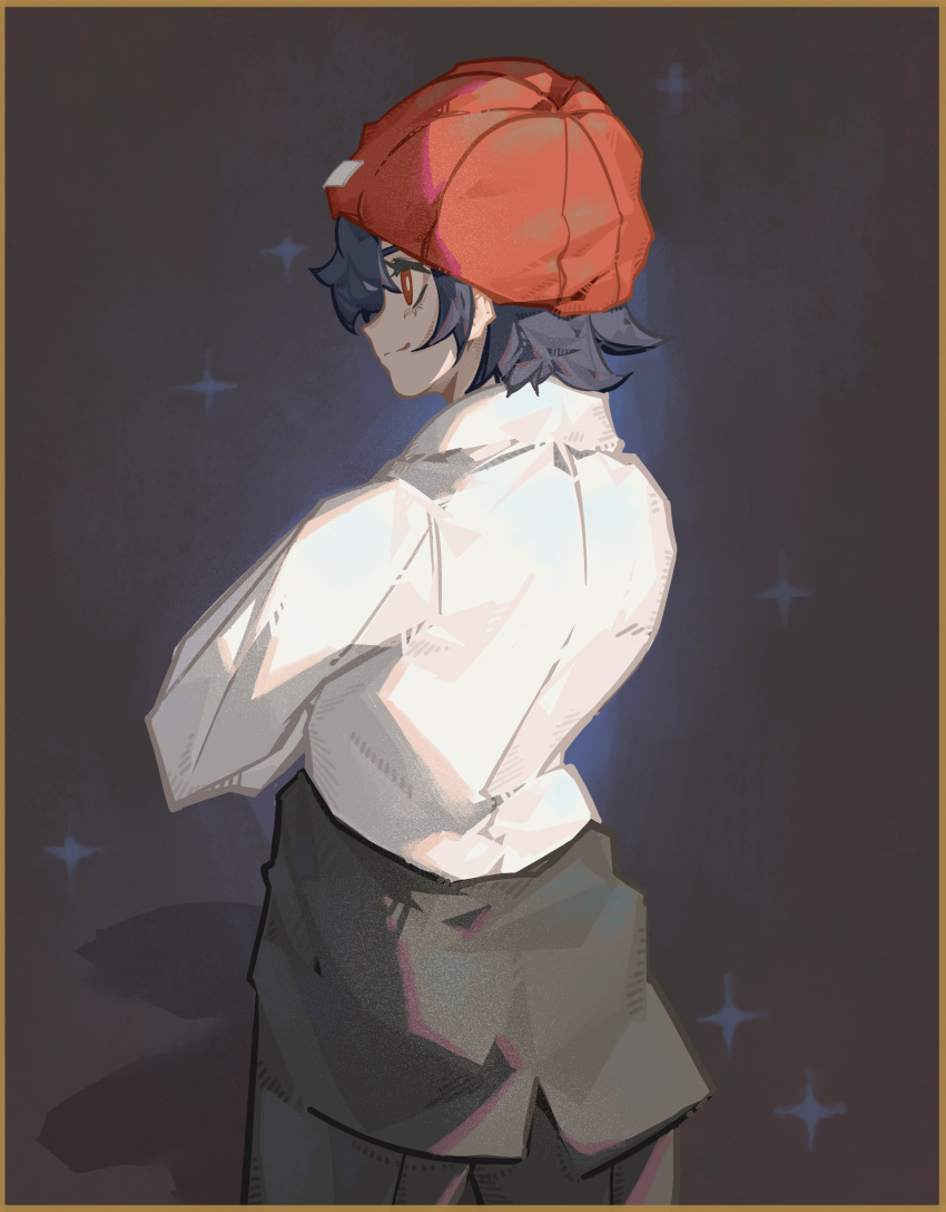 18660081532 1girl absurdres black_hair black_pants border closed_mouth clothes_around_waist cowboy_shot from_behind highres izumo_fuuko pants red_beanie red_eyes red_hat shadow shirt short_hair smile solo standing star_(symbol) undead_unluck white_shirt yellow_border