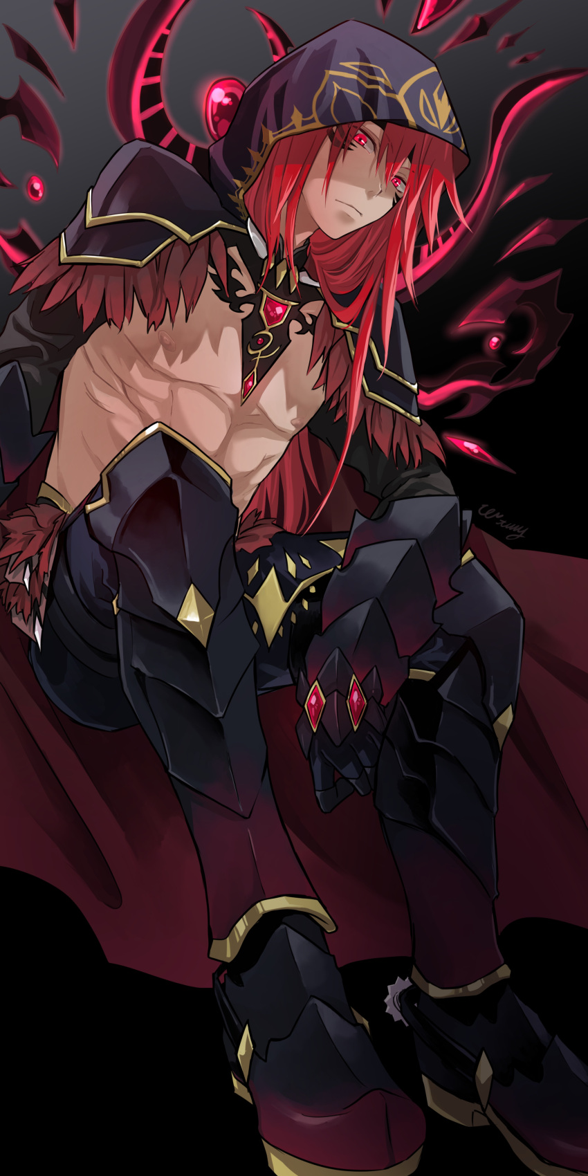 1boy abs absurdres armored_boots benimaru_(tensei_shitara_slime_datta_ken) boots capelet closed_mouth gauntlets highres hood hood_up hooded_capelet male_focus nipples red_eyes red_hair sitting solo tensei_shitara_slime_datta_ken wata_miya_(shiro_momen)