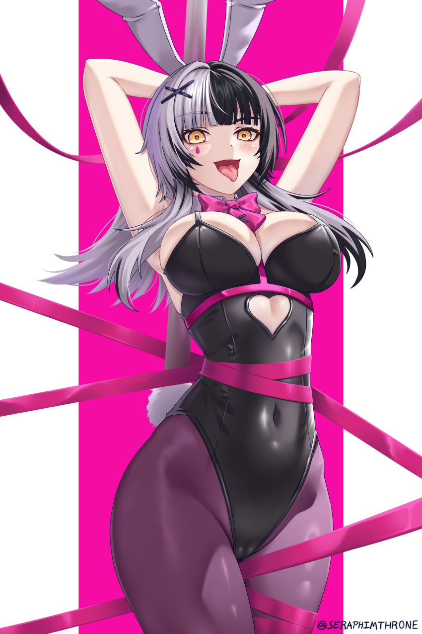 1girl animal_ears bare_shoulders black_hair black_leotard blush bow bowtie breasts clothing_cutout covered_navel cutout_above_navel fake_animal_ears grey_hair hair_ornament heart_cutout highres hololive hololive_english large_breasts leotard long_hair looking_at_viewer multicolored_hair open_mouth playboy_bunny pole rabbit_ears rabbit_hole_(vocaloid) seraphim_throne shiori_novella solo split-color_hair stripper_pole teardrop_facial_mark tongue tongue_out two-tone_hair virtual_youtuber x_hair_ornament yellow_eyes