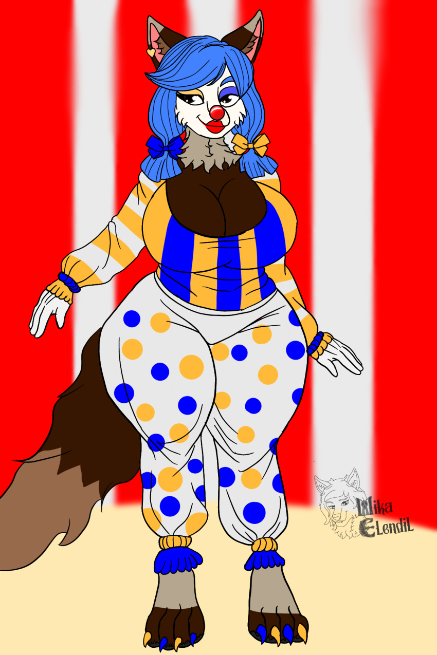 anthro big_breasts big_butt big_feet blue_hair breasts brown_body brown_eyes brown_fur butt canid canine canis circus circus_tent clown clown_girl clown_makeup clown_nose feet female fur hair hi_res huge_breasts hybrid lips lipstick makeup mammal mika_elendil mikafluffynsfw mikathefluffywolf polka_dots pouting smile smirk stripes thick_lips wide_hips wolf wolf_zebra zebra_wolf