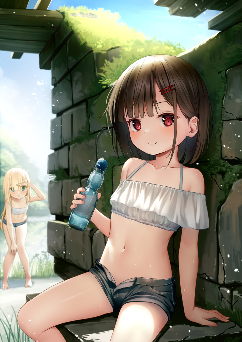 2girls arm_up bandeau bare_shoulders black_shorts blonde_hair blue_sky blush bottle breasts brick_wall brown_hair collarbone commentary_request day denim denim_shorts eyebrows_hidden_by_hair green_eyes highres long_hair looking_at_viewer multiple_girls navel open_clothes open_fly open_shorts original outdoors ramune red_eyes revision shading_eyes short_hair short_shorts shorts sitting sky smile thighs yan_(nicknikg)