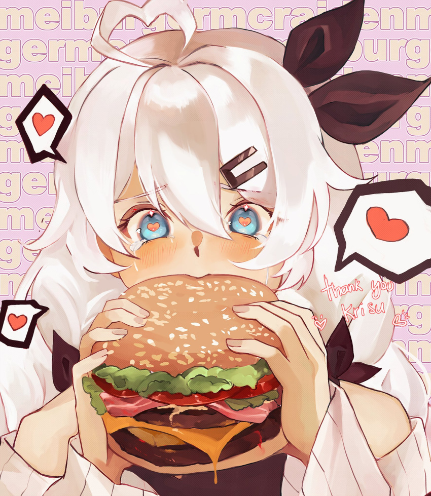 1girl ahoge bare_shoulders black_ribbon blue_eyes burger commentary food hair_ornament hair_ribbon hairclip hands_up heart heart_ahoge highres holding holding_food honkai_(series) honkai_impact_3rd kiana_kaslana long_hair long_sleeves mofumanju off-shoulder_sweater off_shoulder portrait ribbon solo spoken_heart sweater white_hair white_sweater