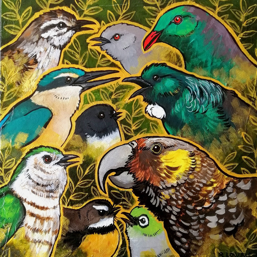 animal animal_focus artist_name bird commander-salamander commentary english_commentary forest grey_warbler highres kaka_(bird) kereru kingfisher nature new_zealand new_zealand_fantail new_zealand_pipit no_humans original painting_(medium) realistic sacred_kingfisher shining_cuckoo silvereye_(bird) tomtit_(bird) traditional_media tui_(bird)