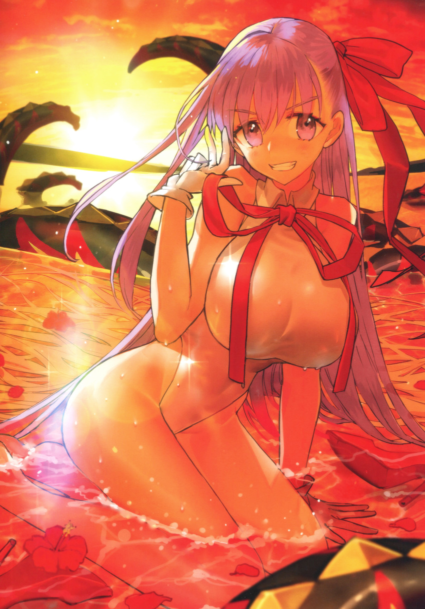 1girl absurdres bb_(fate) bb_(swimsuit_mooncancer)_(fate) bb_(swimsuit_mooncancer)_(third_ascension)_(fate) beach breasts collared_leotard fate/grand_order fate_(series) gloves hair_ribbon highleg highres large_breasts leotard looking_back official_art red_ribbon ribbon smile sunlight tentacles third-party_source wada_arco white_gloves white_leotard