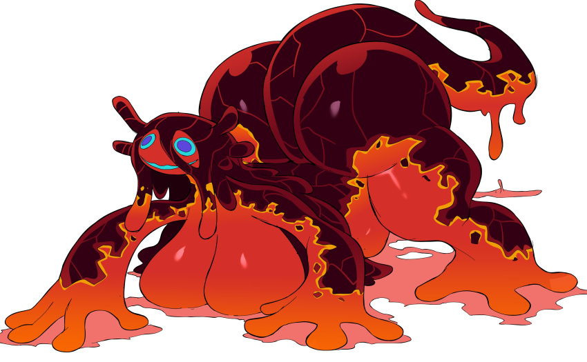 absurd_res all_fours amphibian anthro big_breasts big_butt blue_eyes blue_sclera breast_rest breasts butt cyberlord1109 elemental_creature female glistening glistening_body hi_res huge_breasts huge_butt lava lava_creature mineral_fauna multicolored_body open_mouth red_body salamander simple_background smile solo tail thick_thighs two_tone_body white_background wide_hips