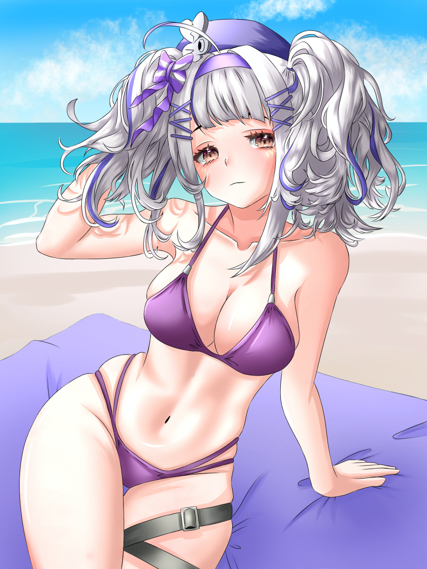 1girl absurdres ahoge ahomushi994 alternate_costume arm_support beach beret bikini blue_sky bow breasts brown_eyes cleavage cloud cloudy_sky collarbone cowboy_shot expressionless girls'_frontline hair_bow hair_ornament hairband hand_in_own_hair hat highres looking_at_viewer medium_breasts multi-strapped_bikini_bottom multicolored_hair multiple_hairpins navel ocean purple_bikini purple_bow purple_hair purple_hairband sitting sky solo stomach streaked_hair swimsuit thigh_strap tps_(girls'_frontline) twintails water white_hair x_hair_ornament
