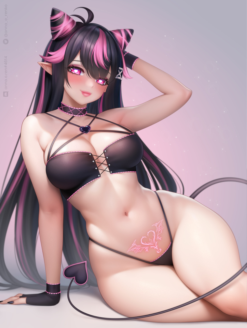 1girl absurdres anna_o_renko arm_support artist_name bikini black_bikini black_gloves black_hair black_nails blush breasts closed_mouth commentary commission cone_hair_bun cross-laced_bikini cross-laced_clothes demon_girl discord_logo english_commentary fingerless_gloves gloves hair_bun hand_up heart heart-shaped_gem heart-shaped_pupils highleg highleg_bikini highres large_breasts leaning_to_the_side legs_together long_hair looking_at_viewer multicolored_hair nail_polish navel original pink_eyes pink_hair pointy_ears pubic_tattoo solo stomach swimsuit symbol-shaped_pupils tail tattoo thighs twitter_logo two-tone_hair very_long_hair