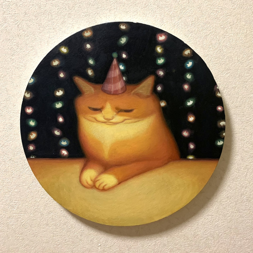 animal animal_focus cat closed_mouth commentary hat highres karin_hosono no_humans orange_cat original painting_(medium) party_hat photo_(medium) realistic solo traditional_media upper_body