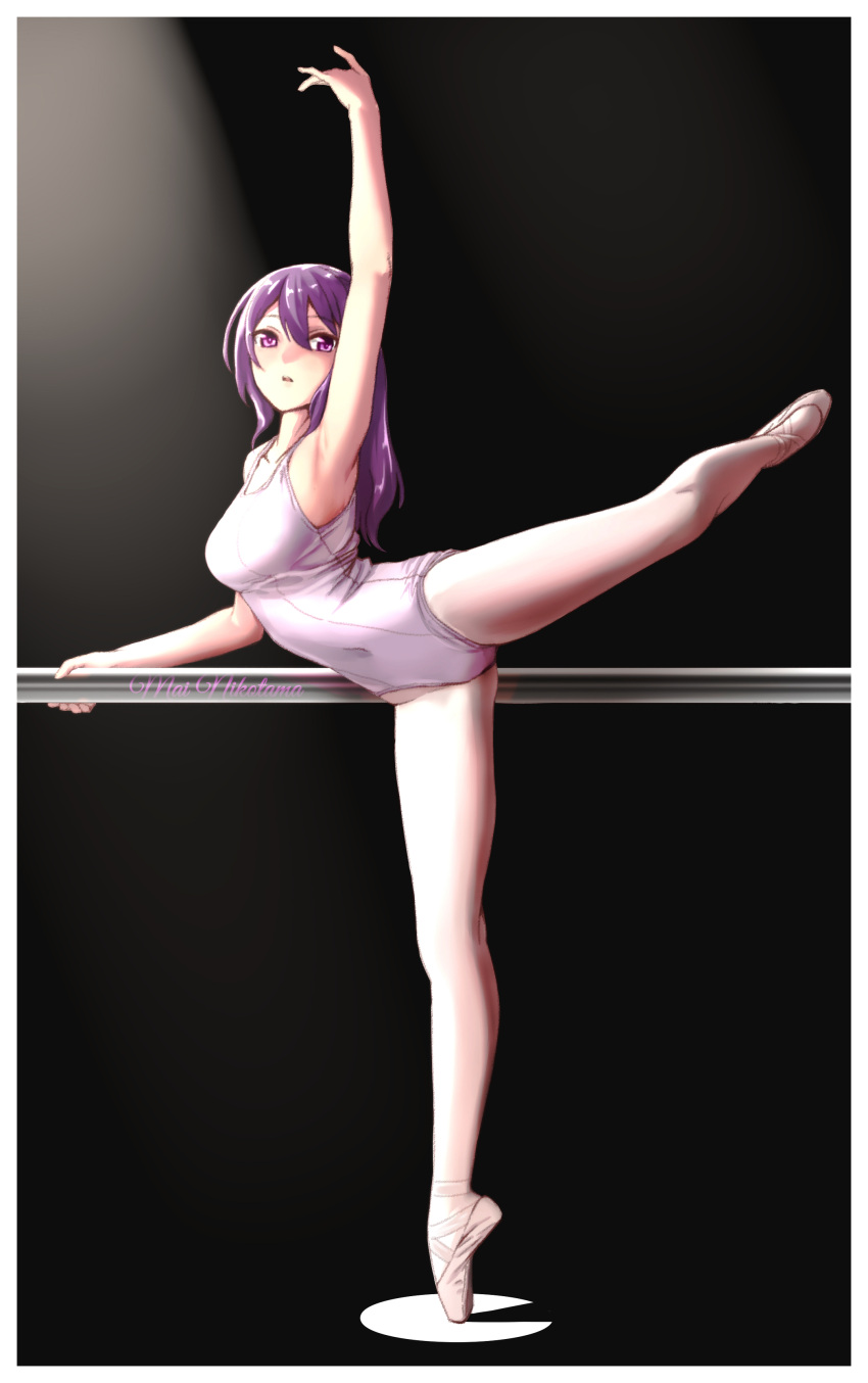 1girl absurdres alice_gear_aegis athletic_leotard ballet_slippers barre blush breasts en_pointe full_body highres leotard long_hair looking_at_viewer medium_breasts mutsumura_ryuuichi nikotama_mai pantyhose parted_lips purple_eyes purple_hair solo standing standing_on_one_leg white_leotard white_pantyhose