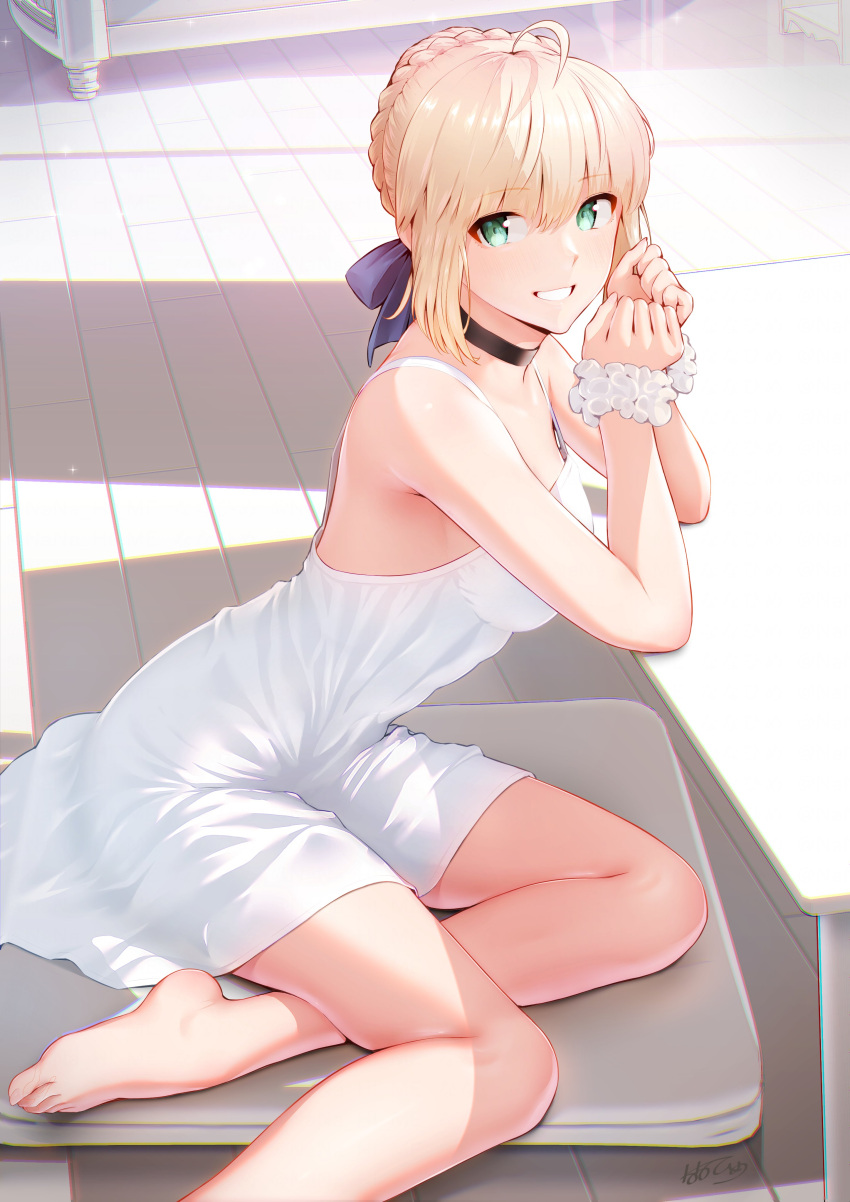 1girl absurdres ahoge artoria_pendragon_(fate) bare_shoulders barefoot blonde_hair blue_ribbon braid breasts choker dress fate/stay_night fate_(series) feet foot_out_of_frame french_braid green_eyes grin hair_bun hair_ribbon highres legs long_hair looking_at_viewer medium_breasts nanahime ribbon saber_(fate) sidelocks sitting smile solo toenails toes white_dress