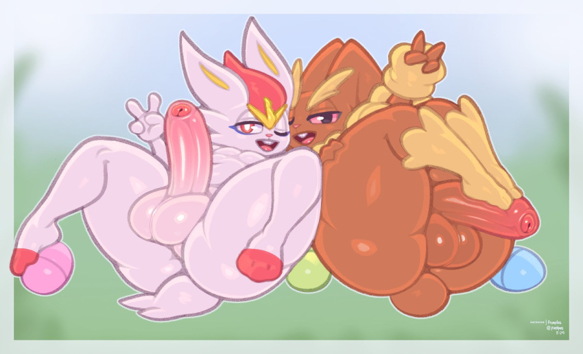 anthro balls big_penis brown_body brown_fur butt cinderace duo frumples fur generation_4_pokemon generation_8_pokemon genitals hi_res humanoid_genitalia humanoid_penis lagomorph lopunny male mammal nintendo nude penis pokemon pokemon_(species) white_body white_fur