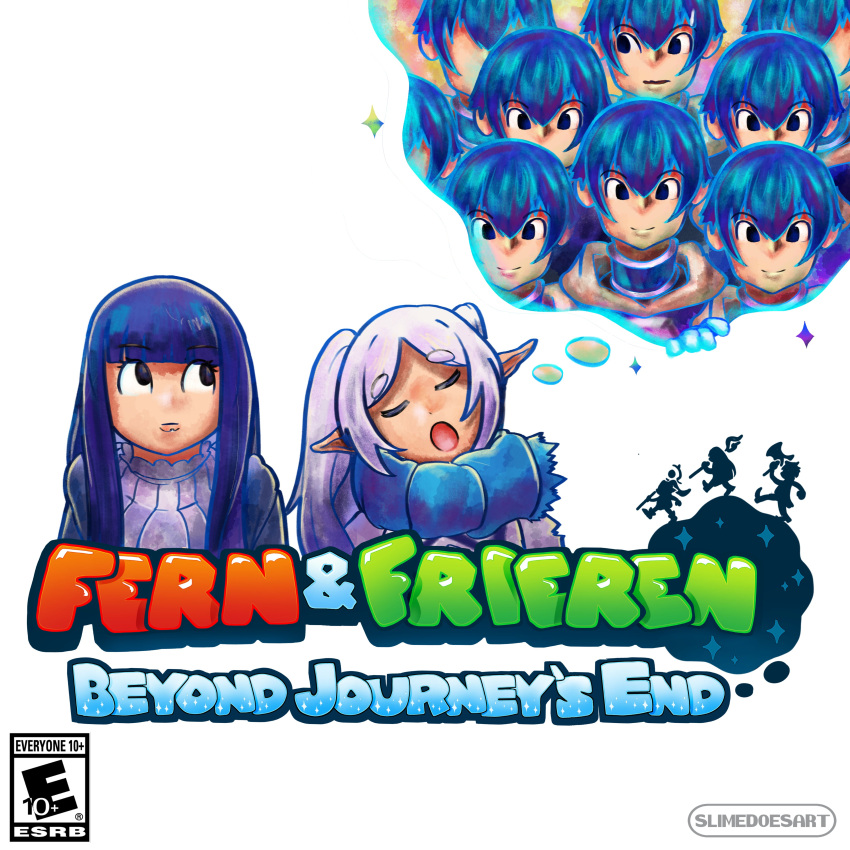 1boy 2girls absurdres artist_name black_eyes blue_hair blue_scarf blunt_bangs character_name closed_eyes closed_mouth commentary copyright_name cover elf esrb fake_cover fern_(sousou_no_frieren) frieren highres himmel_(sousou_no_frieren) logo long_hair mario_&amp;_luigi:_dream_team mario_&amp;_luigi_rpg mario_(series) multiple_girls open_mouth parted_bangs pointy_ears purple_hair scarf simple_background sleeping slime_does_art sousou_no_frieren sparkle thick_eyebrows thought_bubble twintails twitter_username video_game_cover white_background white_hair