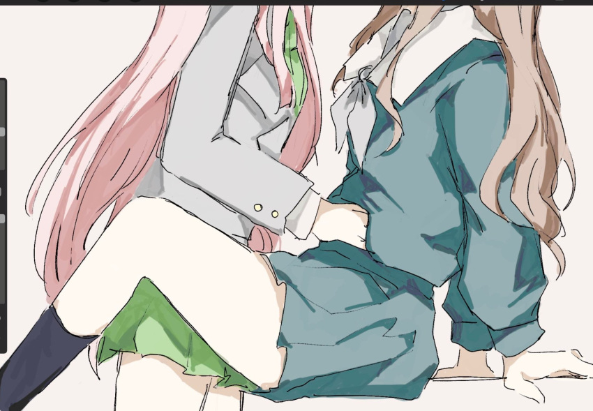 2girls arm_support art_program_in_frame bang_dream! bang_dream!_it's_mygo!!!!! between_legs blue_shirt blue_skirt brown_hair chihaya_anon chinese_commentary commentary_request green_necktie green_skirt grey_background grey_jacket grey_neckerchief hand_under_clothes hand_under_shirt haneoka_school_uniform highres jacket long_hair multiple_girls nagasaki_soyo neckerchief necktie pann_(1202zzzx00) pink_hair sailor_collar school_uniform serafuku shirt simple_background skirt tsukinomori_school_uniform white_sailor_collar yuri