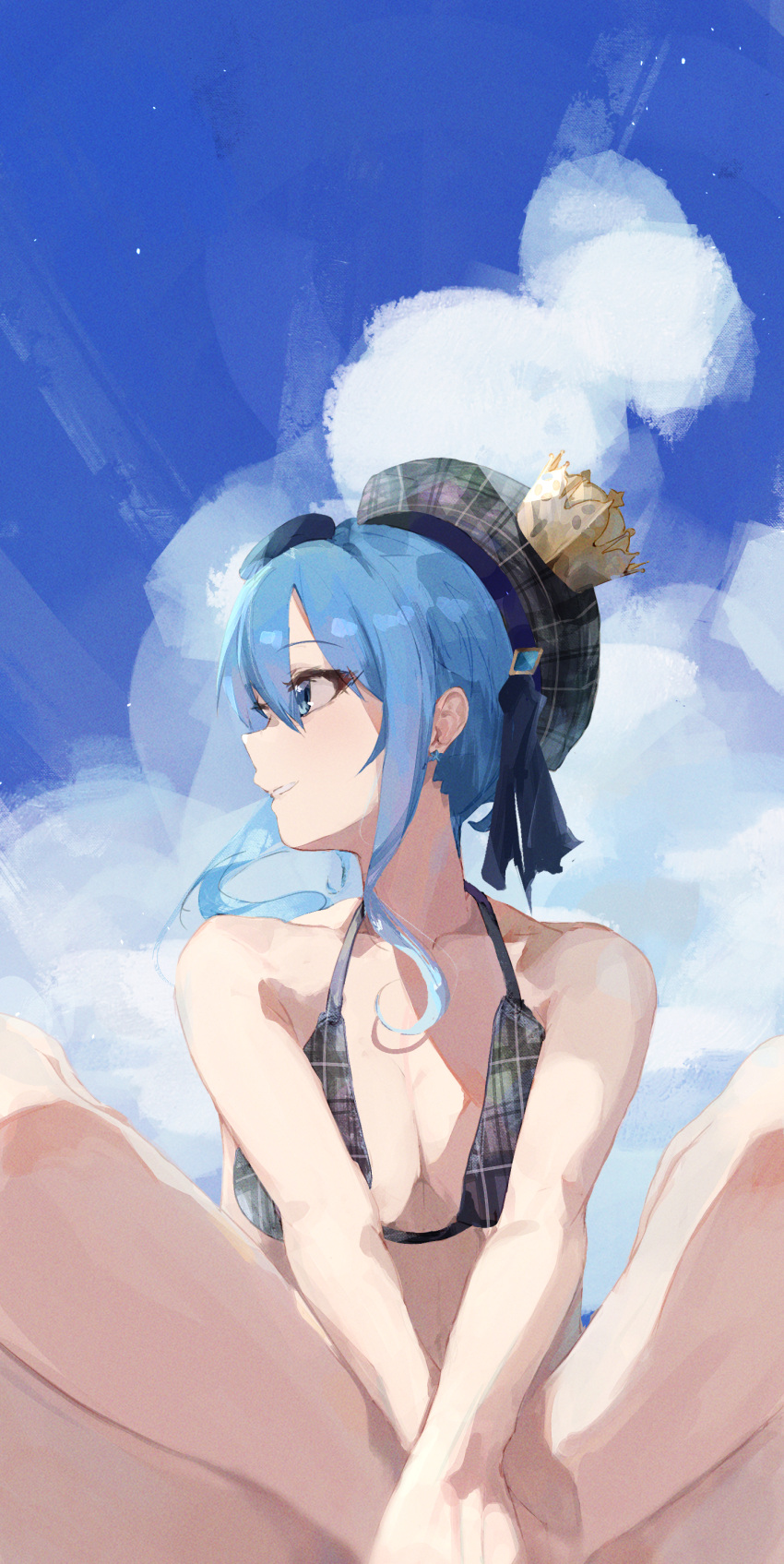 1girl absurdres bare_shoulders beret bikini blue_eyes blue_hair blue_sky breasts cleavage cloud cloudy_sky collarbone crown grey_bikini grey_hat hands_on_own_feet hat highres hololive hoshimachi_suisei looking_to_the_side medium_breasts mini_crown plaid plaid_bikini plaid_headwear side_ponytail sidelocks sitting sky solo swimsuit virgo76612871 virtual_youtuber