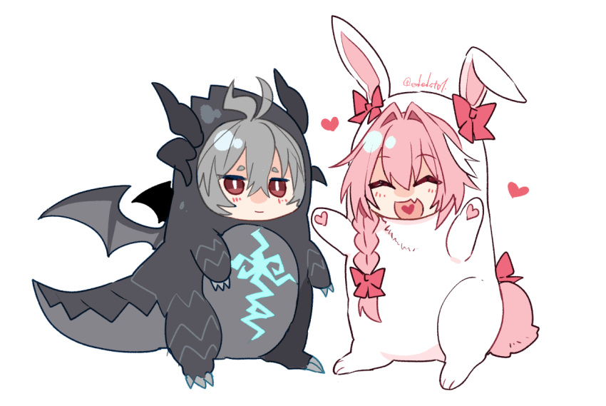 2boys animal_costume animal_ears arms_up astolfo_(fate) black_bow black_horns blush bow braid claw_pose closed_eyes dragon_costume dragon_hood dragon_horns dragon_tail dragon_wings ear_bow fake_animal_ears fake_horns fake_tail fake_wings fang fate/apocrypha fate_(series) grey_hair grey_tail hair_bow hair_intakes haoro heart heart_in_mouth horns jeanne_d'arc_(fate) long_braid long_hair multicolored_hair multiple_boys open_mouth pink_hair pink_tail rabbit_costume rabbit_tail red_bow red_eyes sharp_teeth short_hair sieg_(fate) signature simple_background single_braid skin_fang smile streaked_hair tail tail_bow tail_ornament teeth two-tone_hair white_background white_hair wings