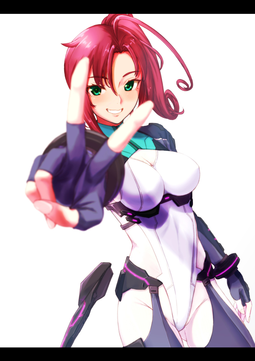 1girl absurdres alice_gear_aegis blush breasts commentary_request fingerless_gloves gloves green_eyes highleg highleg_leotard highres kaeruzaka_raiya leotard letterboxed looking_at_viewer medium_breasts mutsumura_ryuuichi red_hair shrug_(clothing) side_ponytail simple_background smile solo v white_background white_leotard