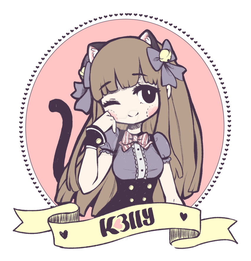 angelica_(k3lly) animal_ears arm_at_side artist_name bangs bell black_bow black_eyes blush blush_stickers bow bowtie breasts brown_hair cat_ears cat_tail closed_mouth eyebrows_visible_through_hair grey_shirt hair_bell hair_bow hair_ornament head_tilt heart highres k3lly kemonomimi_mode long_hair one_eye_closed original puffy_short_sleeves puffy_sleeves ribbon shirt short_sleeves small_breasts smile solo striped striped_bow striped_neckwear tail tail_raised watermark web_address wrist_cuffs yellow_ribbon