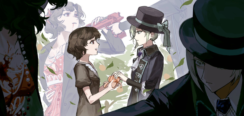 2girls aged_down aiming ascot black_coat black_hair black_hat blood blood_from_mouth blue_bow boater_hat bow coat collared_shirt dress falling_leaves feather_dress food from_side fruit giving grey_dress grey_hair gun gyeol_124 hand_up handgun hat hat_bow highres holding holding_food holding_fruit holding_gun holding_weapon jewelry leaf multiple_girls multiple_views necklace orange_(fruit) orange_slice profile puffy_short_sleeves puffy_sleeves red_dress red_eyes reverse:1999 schneider_(reverse:1999) shirt short_hair short_sleeves time_paradox tree upper_body vertin_(reverse:1999) weapon white_ascot white_background white_shirt