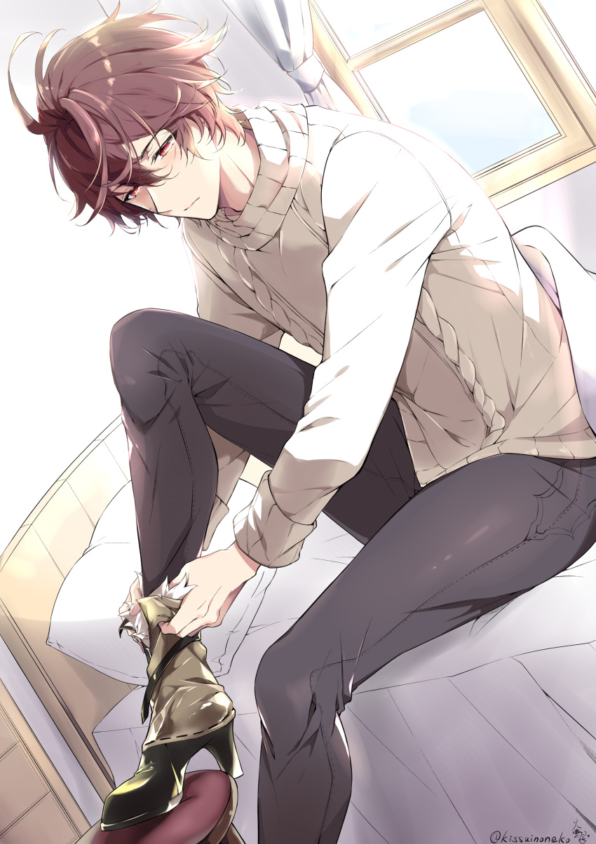 1boy absurdres ahoge artist_name black_leggings boots brown_hair commentary_request cropped_legs dressing expressionless fur-trimmed_boots fur_trim granblue_fantasy hair_between_eyes high_heel_boots high_heels highres kana_(251373) leggings male_focus messy_hair on_bed putting_on_boots red_eyes ribbed_sweater sandalphon_(granblue_fantasy) sandalphon_(valentine)_(granblue_fantasy) short_hair signature stool sweater turtleneck turtleneck_sweater twitter_username white_sweater window