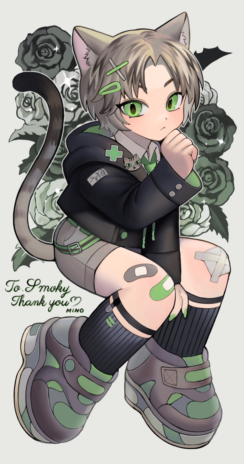 accessory ambiguous_gender animal_humanoid band-aid bandage bottomwear cat_humanoid clothing decorative_pin eyebrows felid felid_humanoid feline feline_humanoid flower footwear garter_belt garter_belt_socks garter_straps green_eyes green_theme hair_accessory hairclip hi_res hoodie humanoid kirarayakubou leaf mammal mammal_humanoid markings necktie plant prick_ears rose_(flower) shoes shorts sneakers socks solo sparkles striped_markings striped_tail stripes tail tail_markings topwear