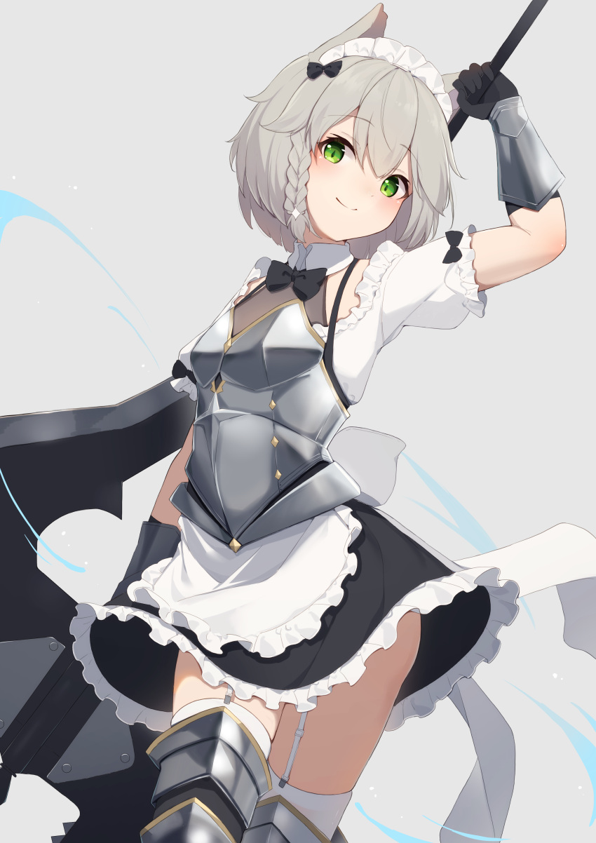 1girl absurdres animal_ears apron arm_up armor axe black_bow black_bowtie black_gloves black_skirt bow bowtie braid breastplate closed_mouth commentary_request commission fox_ears frilled_apron frilled_skirt frills garter_straps gloves green_eyes grey_background grey_hair hair_between_eyes highres hinata_(user_rjkt4745) holding holding_axe maid maid_headdress original pixiv_commission puffy_short_sleeves puffy_sleeves shirt short_hair short_sleeves simple_background single_braid skirt smile solo thighhighs waist_apron white_apron white_shirt white_thighhighs