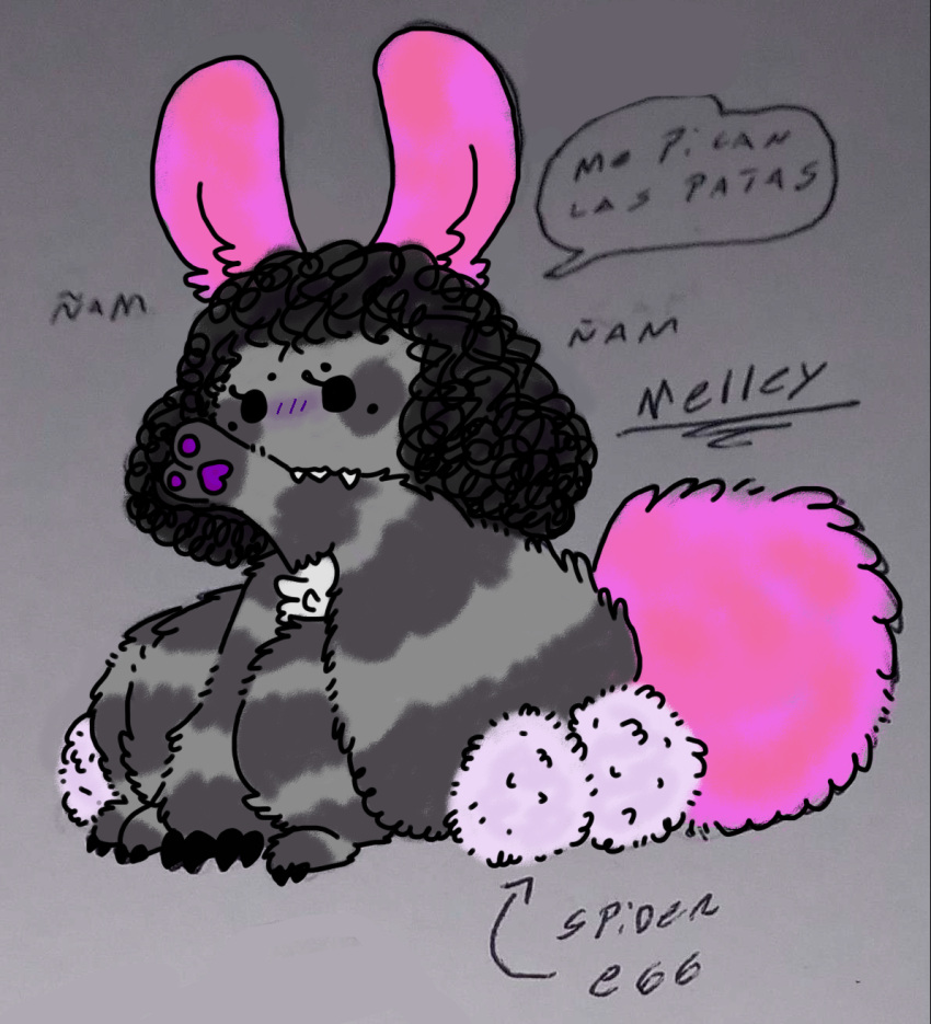 animal_humanoid anthro arachnid arthropod black_body black_fur blush bunny_costume clothing colored costume digital_drawing_(artwork) digital_media_(artwork) easter easter_bunny egg fake_ears fake_rabbit_ears feral fur grey_body grey_fur hair hi_res holidays humanoid male mammal mammal_humanoid multi_arm multi_eye multi_limb paws pink_ears pink_tail scut_tail short_tail simple_background sosu-the-blue-wolf spanish_text spider tail teeth text velley_(beastbeans) white_body white_fur