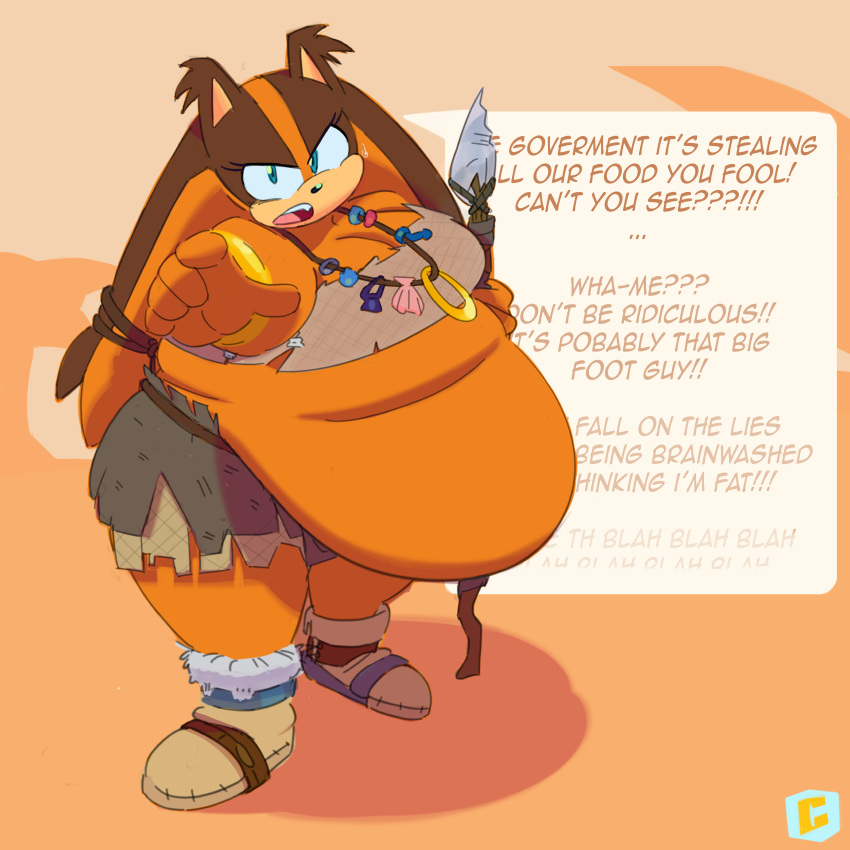 absurd_res anthro badger belly big_belly big_breasts black_nose blue_eyes bottomwear breasts brown_body brown_ears brown_fur brown_hair chubbik clothing countershading english_text fangs female footwear fur gesture glistening glistening_nose hair hand_gesture hi_res holding_object holding_spear holding_weapon huge_belly huge_thighs jewelry long_hair mammal melee_weapon mustelid musteline necklace obese obese_female open_mouth orange_body orange_fur orange_hair overweight overweight_female pink_tongue pointing pointing_at_viewer polearm pupils sega shoes skirt solo sonic_boom sonic_the_hedgehog_(series) spear speech_bubble sticks_the_jungle_badger talking_to_viewer tan_body tan_countershading tan_inner_ear teeth teeth_showing text thick_thighs tongue topwear tube_top weapon