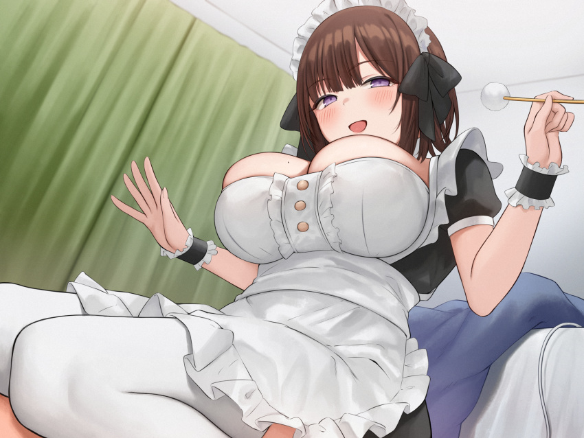 1girl apron black_dress breasts brown_hair commentary_request copyright_request curtains dress frilled_apron frills hair_between_eyes half-closed_eyes highres holding hoshimiya_aki indoors lap_pillow_invitation large_breasts looking_at_viewer maid mimikaki mole mole_on_breast official_art puffy_short_sleeves puffy_sleeves purple_eyes short_sleeves sitting solo thighhighs wariza white_apron white_thighhighs wrist_cuffs