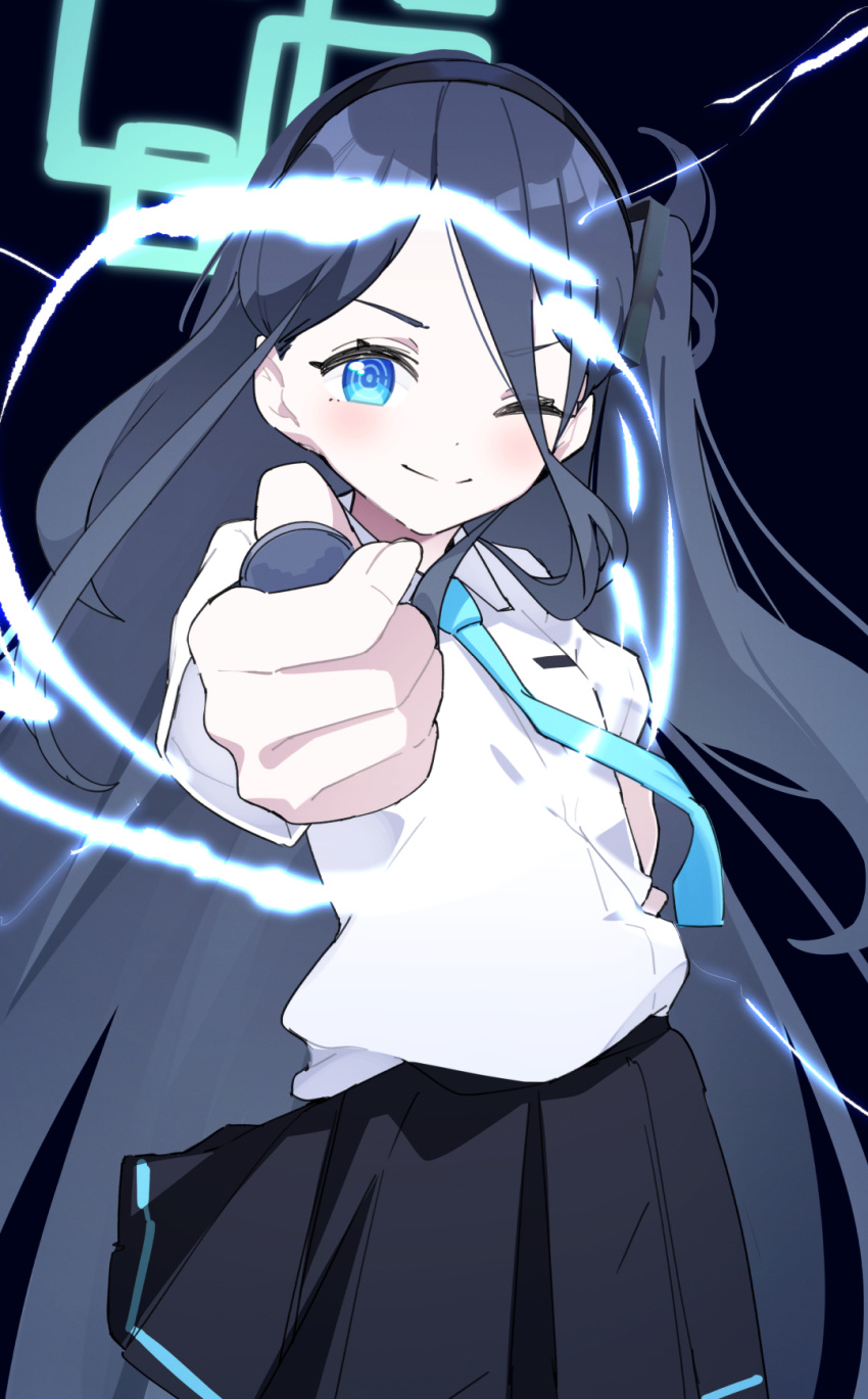 1girl absurdly_long_hair aris_(blue_archive) black_hair black_hairband black_skirt blue_archive blue_eyes blue_necktie closed_mouth coin collared_shirt electricity green_halo hairband halo highres long_hair looking_at_viewer namaonpa necktie one_eye_closed parody pleated_skirt railgun_(misaka_mikoto) shirt skirt smile solo split_mouth toaru_kagaku_no_railgun toaru_majutsu_no_index very_long_hair white_shirt