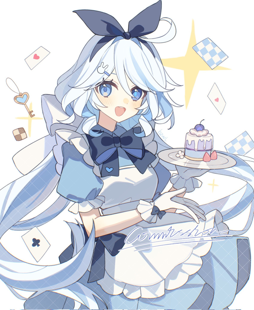 1girl ahoge alice_(alice_in_wonderland) alice_(alice_in_wonderland)_(cosplay) alice_in_wonderland apron blue_bow blue_bowtie blue_dress bow bowtie checkerboard_cookie commission cookie cosplay dessert dress food furina_(genshin_impact) genshin_impact gloves hair_bow hand_up highres holding holding_plate key long_hair looking_at_viewer low_twintails multicolored_hair open_mouth plate puffy_short_sleeves puffy_sleeves reido_0723 short_sleeves simple_background smile solo streaked_hair twintails very_long_hair white_apron white_background white_bow white_gloves