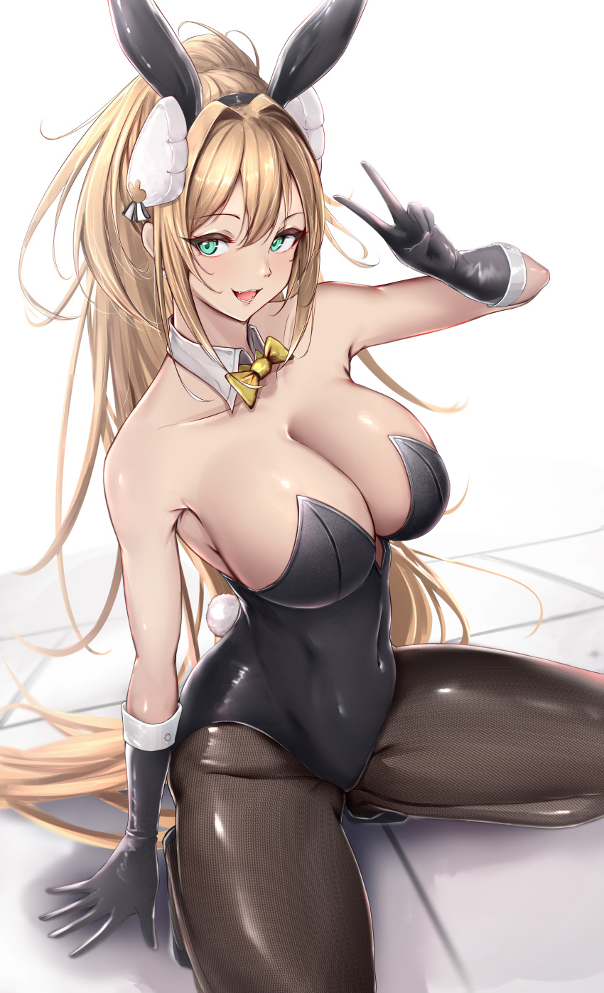 1girl absurdres animal_ears aqua_eyes bare_shoulders black_gloves black_leotard blonde_hair bow bowtie breasts brown_pantyhose cleavage commentary detached_collar fake_animal_ears fake_tail gloves goddess_of_victory:_nikke hair_intakes highres kneeling large_breasts leotard long_hair looking_at_viewer official_alternate_costume on_floor open_mouth pantyhose playboy_bunny poni_(poni_arknights) ponytail rabbit_ears rabbit_tail rupee_(nikke) rupee_(rabbit_deluxe)_(nikke) sideways_glance smile solo strapless strapless_leotard tail traditional_bowtie v very_long_hair white_background yellow_bow yellow_bowtie