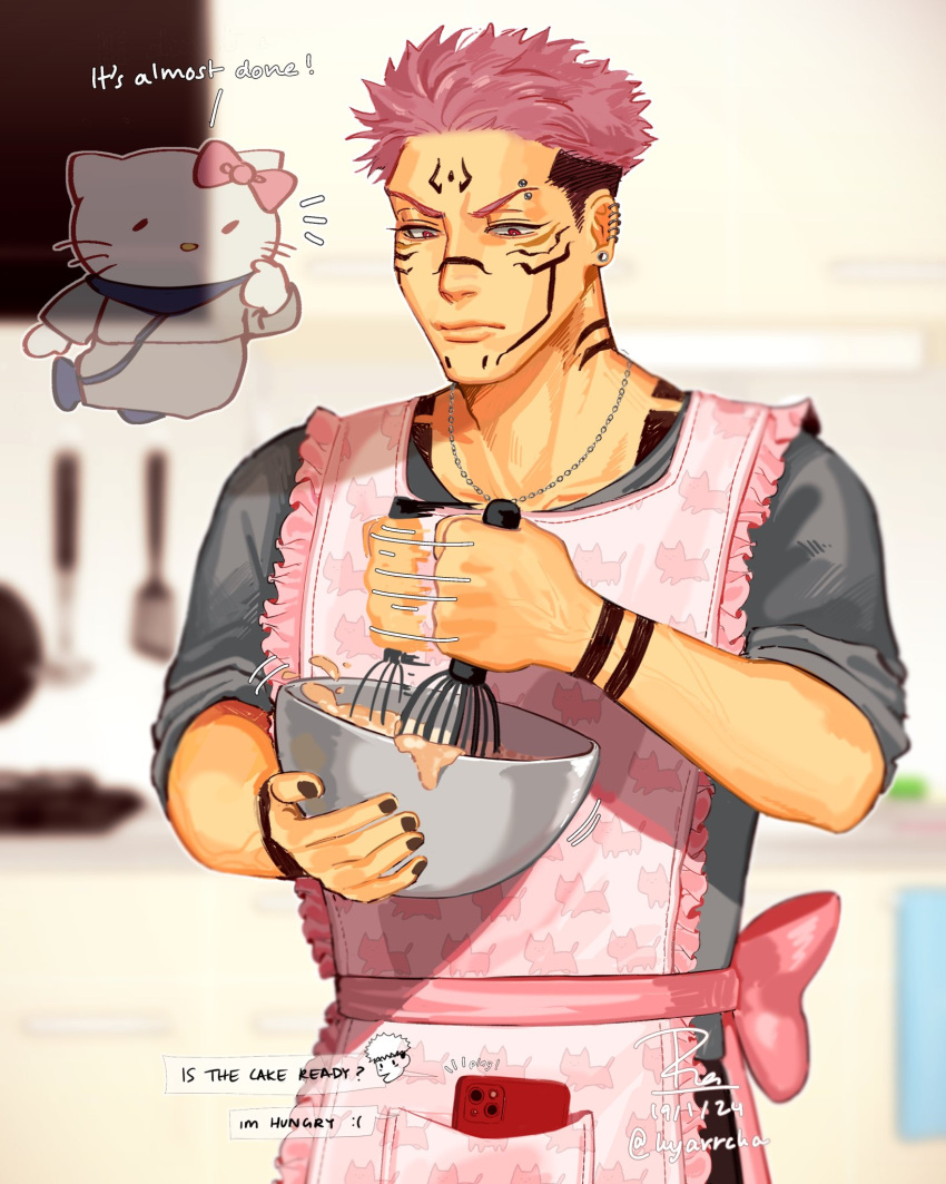 1boy alternate_costume apron black_hair cheering chibi chibi_inset contemporary cooking cowboy_shot english_text extra_eyes fabulous hello_kitty hello_kitty_(character) hello_kitty_print highres itadori_yuuji jujutsu_kaisen kitchen kyarrcha_(matchapichai) light_frown male_focus phone pink_apron pink_hair red_eyes ryoumen_sukuna_(jujutsu_kaisen) sanrio short_hair solo_focus spirit undercut whisking