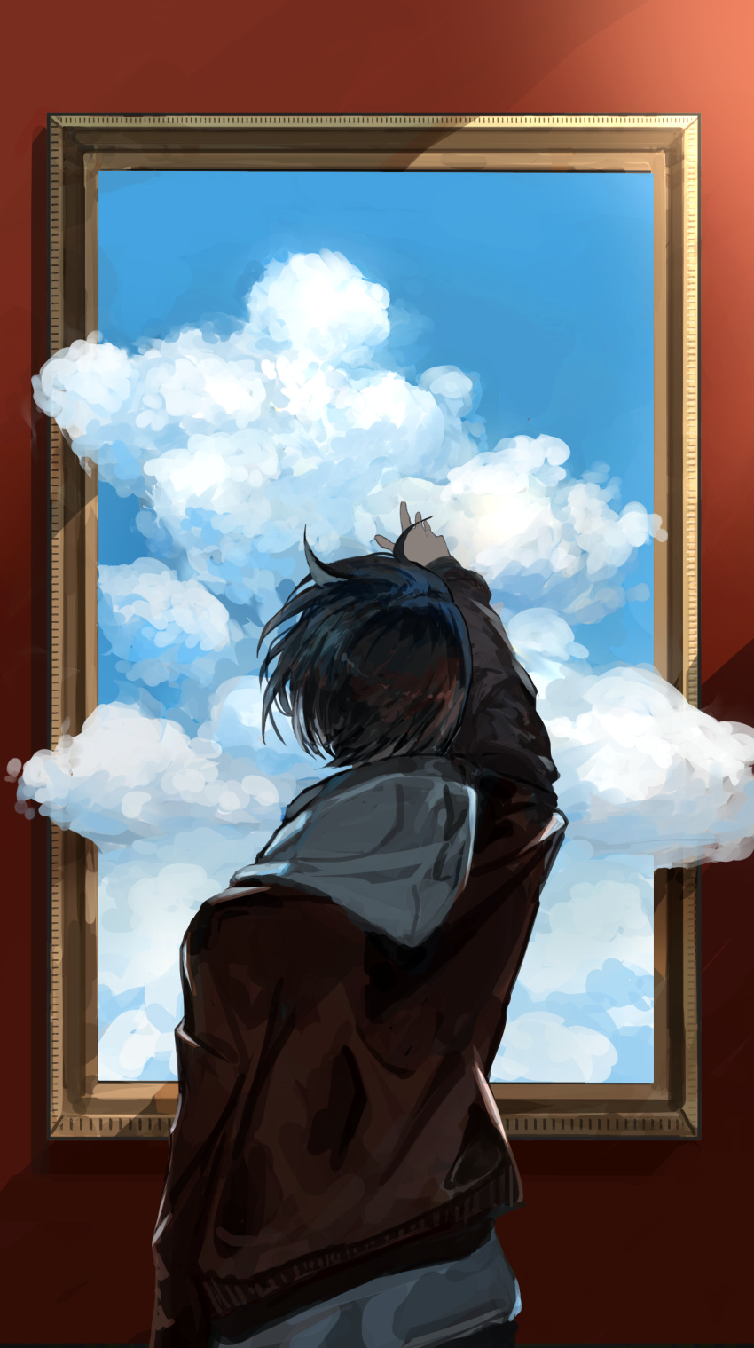 1other absurdres ambiguous_gender blue_sky cloud floating_hair from_behind highres jacket kasumi_yuzuha long_sleeves original outstretched_arm picture_frame portrait_(object) red_hair red_jacket short_hair sky solo through_medium through_painting upper_body