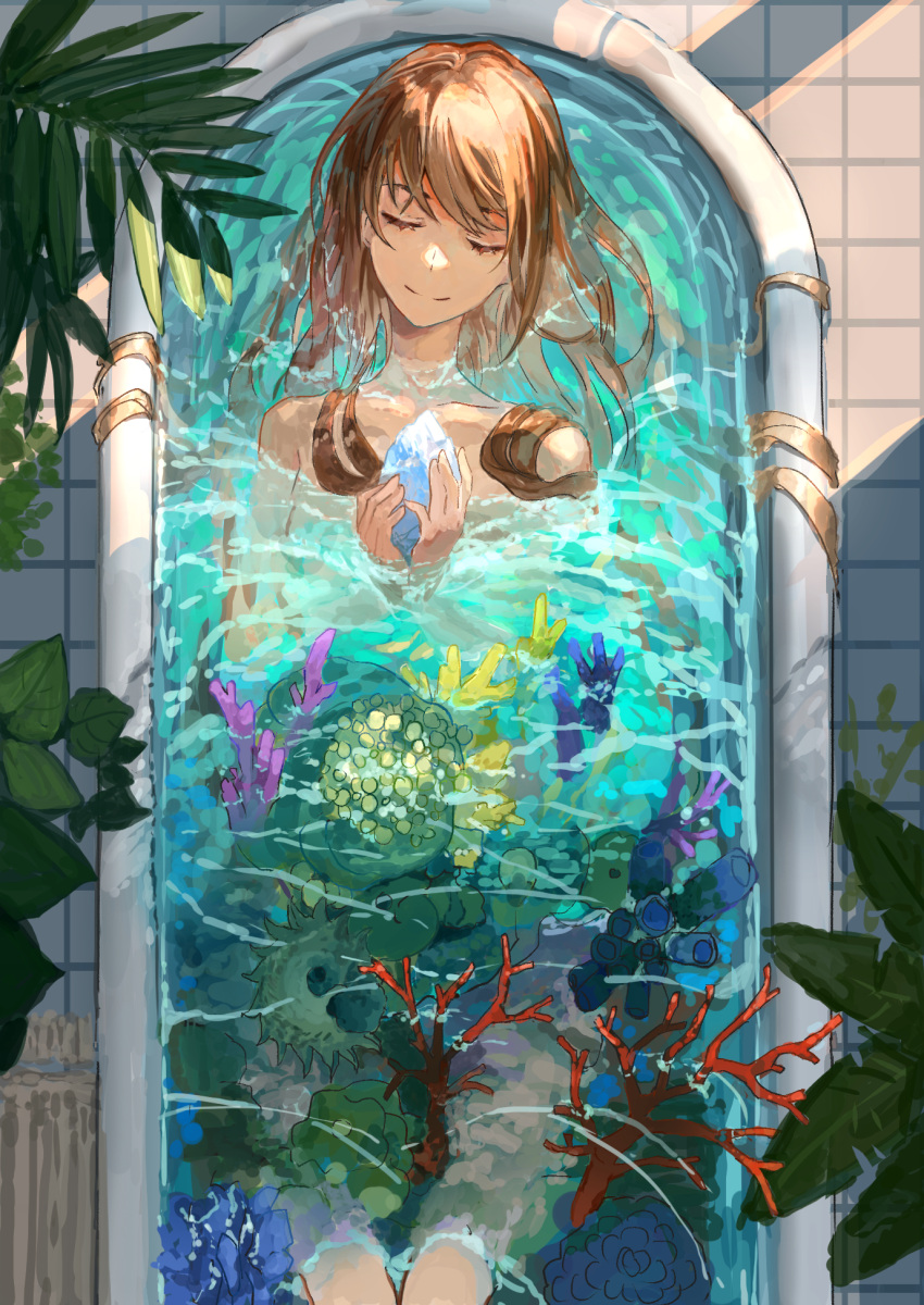 1girl bathing bathtub brown_hair closed_eyes closed_mouth collarbone coral hair_spread_out hands_up highres holding_crystal kasumi_yuzuha leaf long_hair lying on_back original ripples smile solo tile_floor tiles water