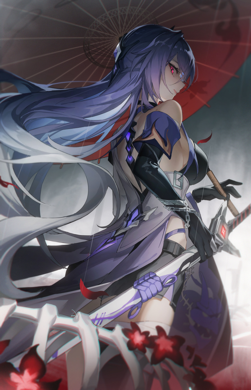 1girl absurdres acheron_(honkai:_star_rail) bare_shoulders black_choker black_gloves choker closed_mouth commentary_request cowboy_shot dress from_side gloves gradient_hair grey_hair highres holding holding_sword holding_umbrella holding_weapon honkai:_star_rail honkai_(series) long_hair looking_at_viewer madao multicolored_hair purple_dress purple_hair red_eyes red_umbrella sideways_glance single_bare_shoulder skeleton solo sword umbrella very_long_hair weapon