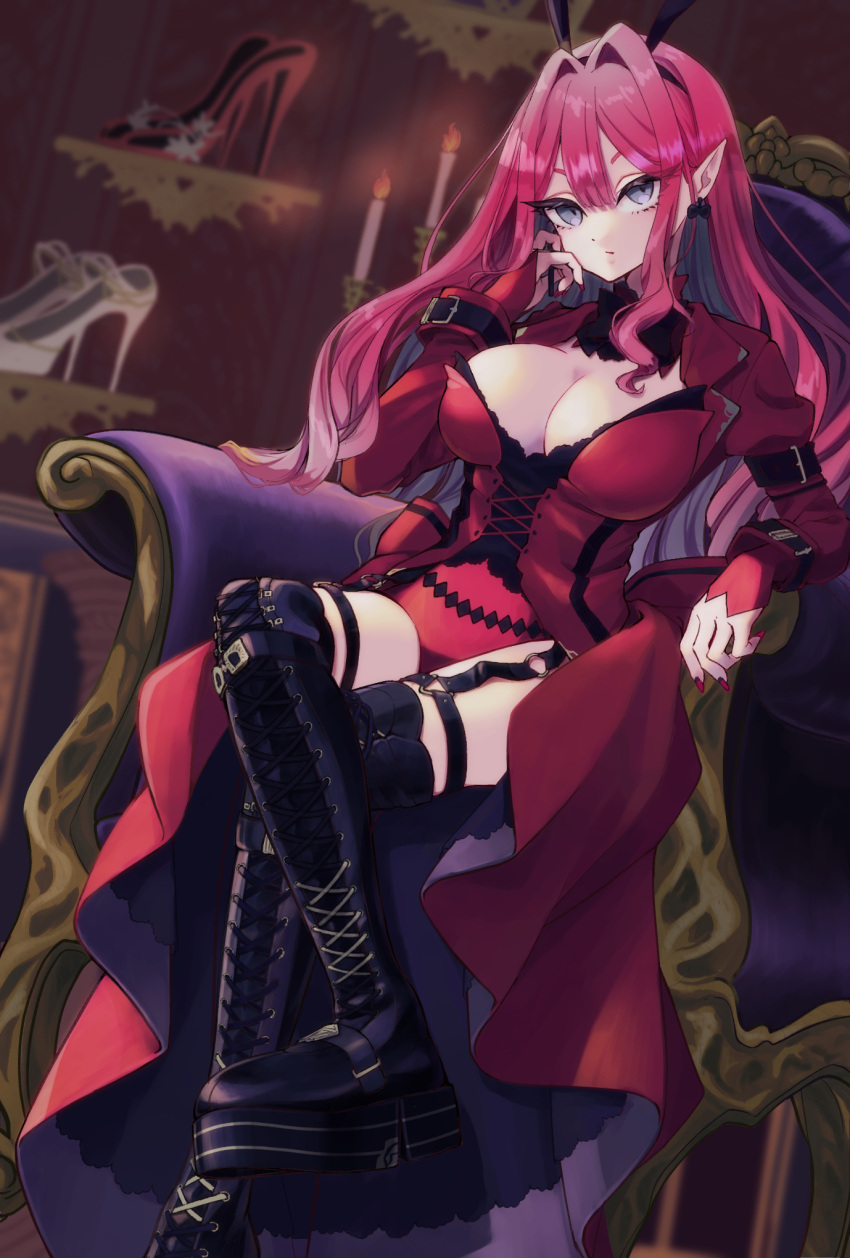 1girl animal_ears baobhan_sith_(fate) black_footwear boots breasts candle chair cleavage coat colored_inner_hair corset crossed_legs fate/grand_order fate_(series) grey_eyes grey_hair hair_intakes high_heels highres large_breasts leotard long_hair multicolored_hair on_chair open_clothes open_coat pink_hair rabbit_ears red_coat red_corset red_leotard red_nails shima_koushi sitting solo thigh_boots unworn_footwear