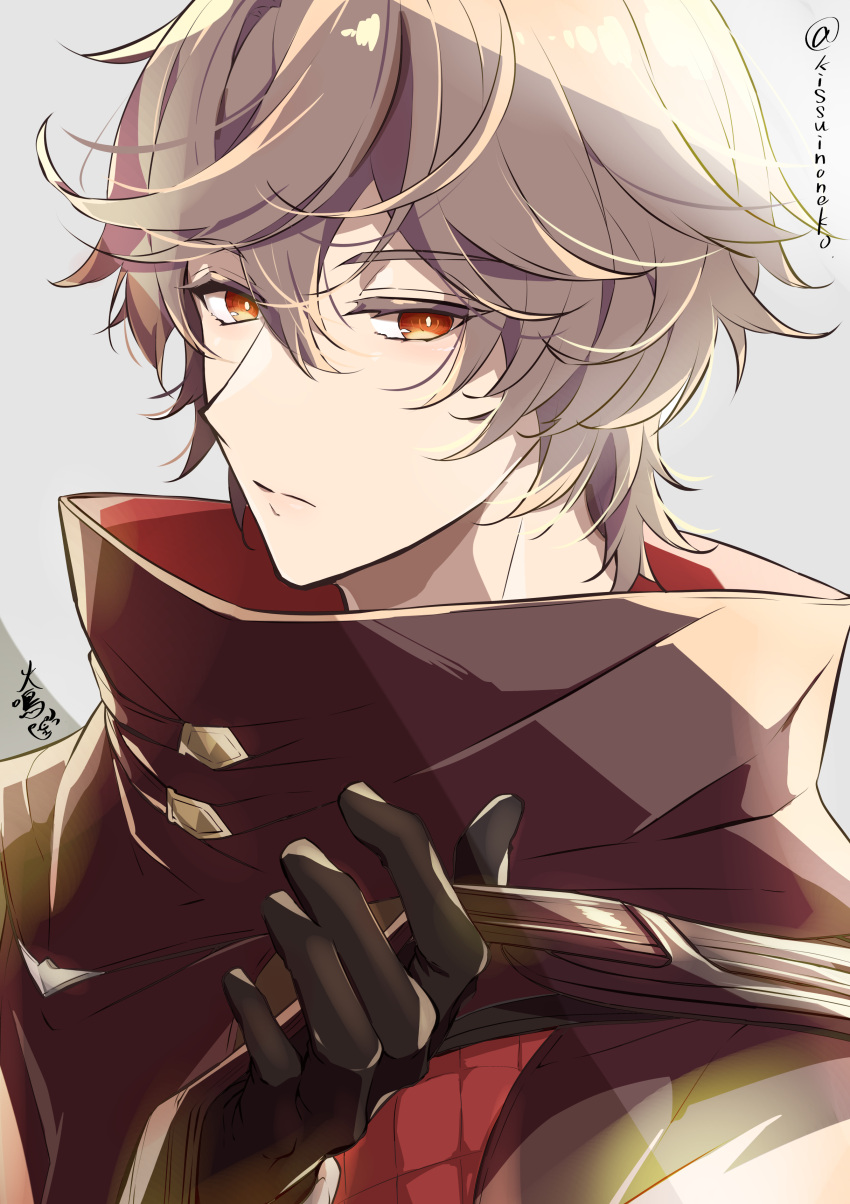 1boy absurdres adjusting_clothes ahoge bag black_gloves brown_hair brown_jacket colored_eyelashes commentary_request expressionless gloves granblue_fantasy grey_background hair_between_eyes high_collar highres jacket kana_(251373) light_frown looking_at_viewer male_focus messy_hair red_eyes sandalphon_(granblue_fantasy) sandalphon_(valentine)_(granblue_fantasy) short_hair shoulder_bag solo upper_body