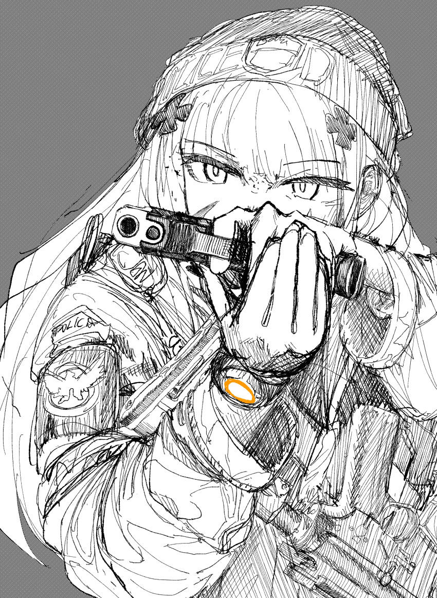 1girl absurdres assault_rifle beanie cross_hair_ornament girls'_frontline grey_background grey_hair gun gun_sling h&amp;k_hk416 hair_ornament handgun hat highres hk416_(girls'_frontline) holding holding_gun holding_weapon imponte1232 jacket long_hair long_sleeves patch police rifle simple_background solo watch weapon