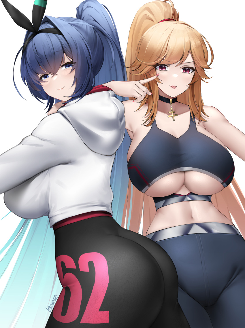 2girls absurdres alternate_breast_size alternate_costume ass azur_lane black_choker black_pants black_tank_top blue_eyes blue_hair breasts choker cowboy_shot cross english_commentary from_side high_ponytail highres hood hoodie huge_breasts irkawaza long_hair long_sleeves looking_at_viewer looking_to_the_side multiple_girls new_jersey_(azur_lane) orange_hair pants ponytail purple_eyes richelieu_(azur_lane) simple_background sleeveless tank_top two-barred_cross very_long_hair white_background white_hoodie yoga_pants