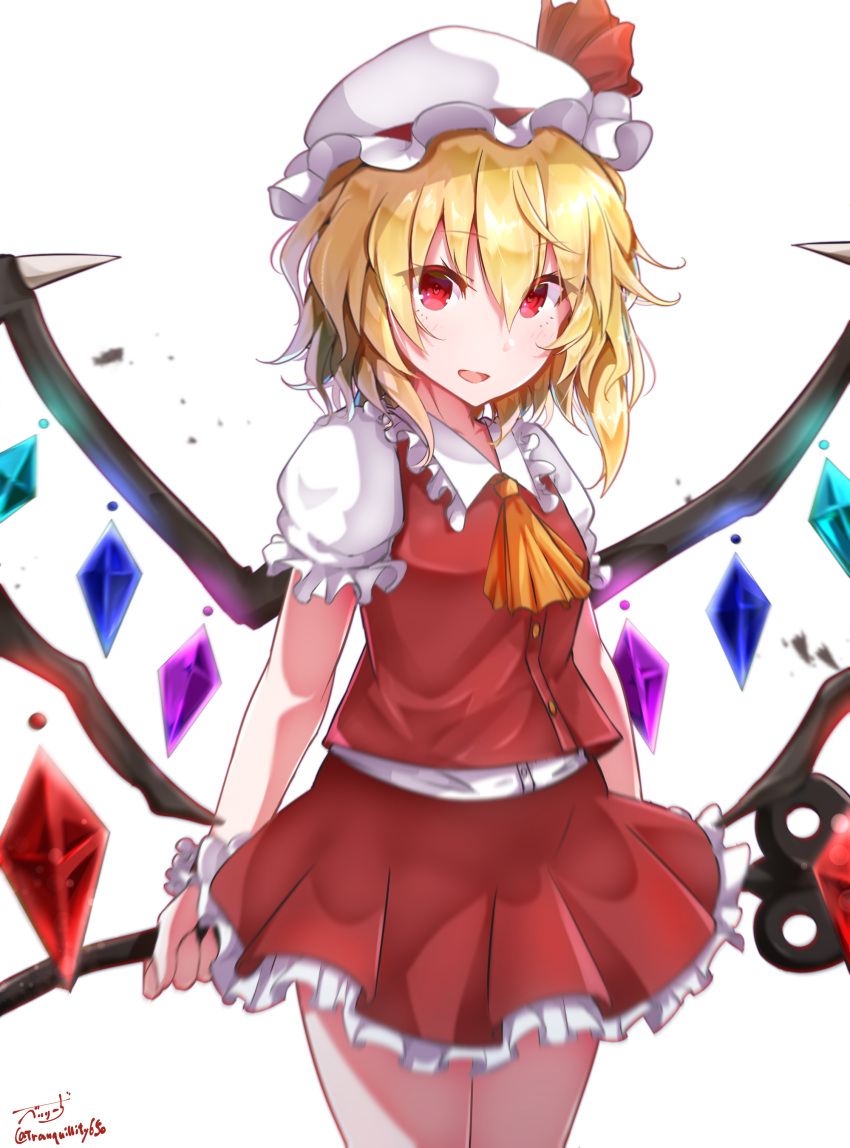 1girl absurdres ascot baileys_(tranquillity650) blonde_hair cowboy_shot crystal_wings dress flandre_scarlet frilled_dress frills hat hat_ribbon highres looking_at_viewer mob_cap open_mouth red_ascot red_dress red_eyes red_ribbon ribbon simple_background solo touhou white_background wrist_cuffs